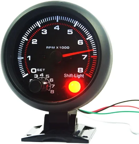 Universal 3.75 "12V blanco LED retroiluminado tacómetro medidor con luz roja de cambio para coche de gasolina auto, 0-8000 RPM