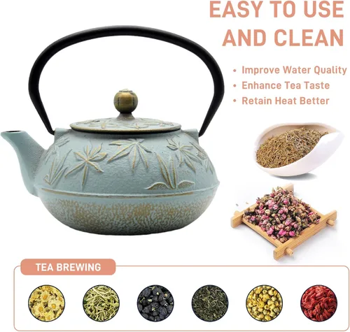 Miniatura 3 de Tetera de hierro fundido con infusor de acero inoxidable para estufa, recubierta con interior esmaltado, tetsubina japonesa con patrón de hojas