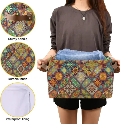 Miniatura 7 de Cesta de almacenamiento con diseño étnico bohemio y floral de mandala grande, caja de almacenamiento plegable para juguetes, organizador de ropa