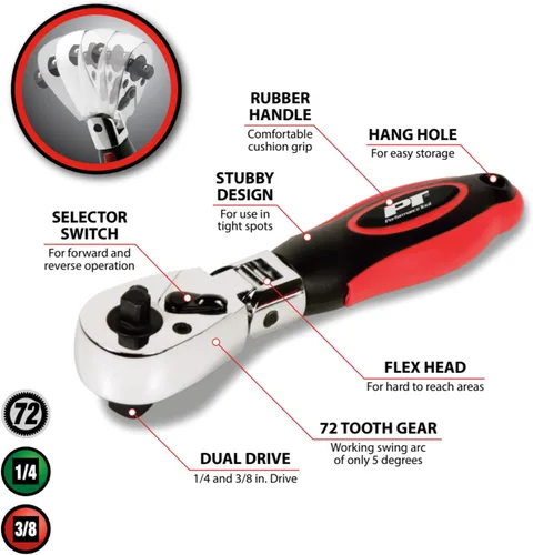 Miniatura 2 de Performance Tool W9116 - Trinquete rechoncho de cabeza flexible de doble accionamiento de 1/4 pulgadas y 3/8 pulgadas