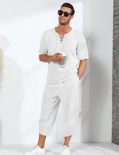 Miniatura 7 de Babioboa Conjunto de 2 piezas de lino para hombre, camisa hippie de manga corta y pantalones capri harén holgados para playa, pantalones de yoga