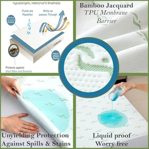 Miniatura 2 de Protector de colchón impermeable jacquard de bambú de lujo, ultrasuave, transpirable y silencioso, barrera 100% líquida para manchas y derrames