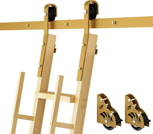 DIYHD Kit de herramientas de escalera deslizante de 5 pies, sistema de pista rodante con rodillos de suelo de frenado, acabado dorado, escalera no