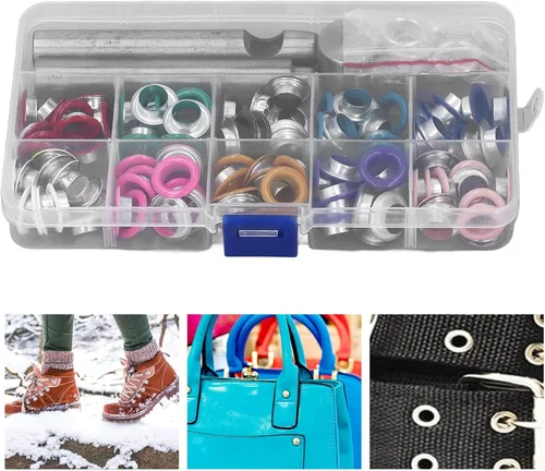 Miniatura 3 de Kit de ojales multicolor de 0.394 pulgadas (0.394 in), juego de ojales de metal, ojales y ojales con herramienta de instalación para zapatos