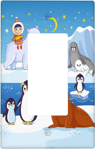 Arctic Animals - Placa de interruptor de luz de 1 banda, lindo sello de dibujos animados, pingüino, oso polar, placa de pared individual basculante,