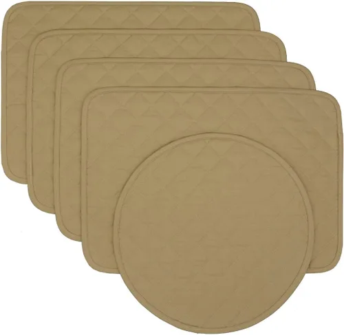 Manteles individuales rectangulares acolchados de color caqui sólido, juego de cuatro Plus con cargador redondo central