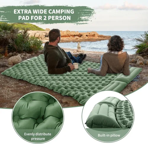 Miniatura 2 de Colchoneta de dormir doble para acampar, ultraligera autoinflable para 2 personas con almohada incorporada, alfombrilla de aire portátil para Verde