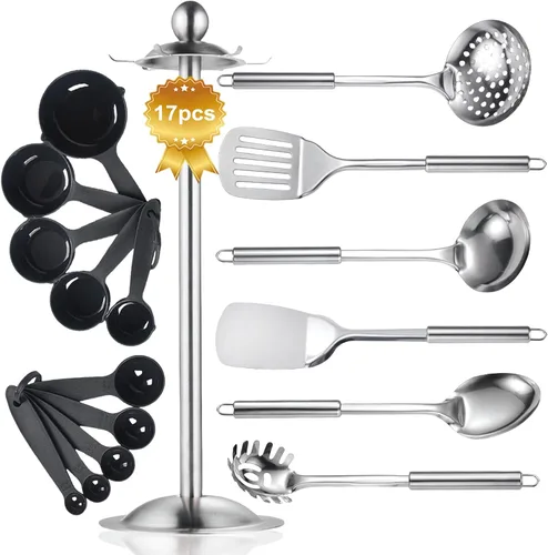 Juego de utensilios de cocina de acero inoxidable, juego de 17 utensilios de cocina de metal con soporte giratorio, juego de espátula de cocina