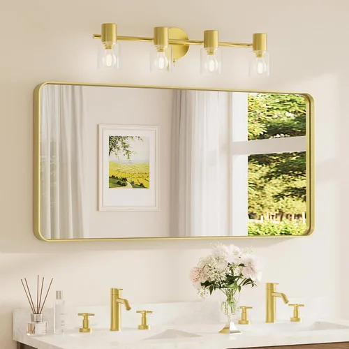 Miniatura 19 de TETOTE Espejo de marco dorado cepillado de 16 x 24 pulgadas, espejo de tocador de baño de latón dorado para pared, espejo enmarcado rectangular