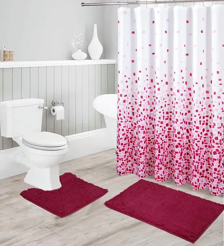 Miniatura 3 de Linen Plus - Juego de baño que incluye tapete de baño de felpilla suave antideslizante, tapete de contorno, cortina de ducha y ganchos de acero