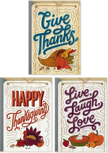 Hallmark Surtido de tarjetas de Acción de Gracias de grano de madera (3 tarjetas con sobres) Live, Laugh, Love, Give Thanks, Cornucopia