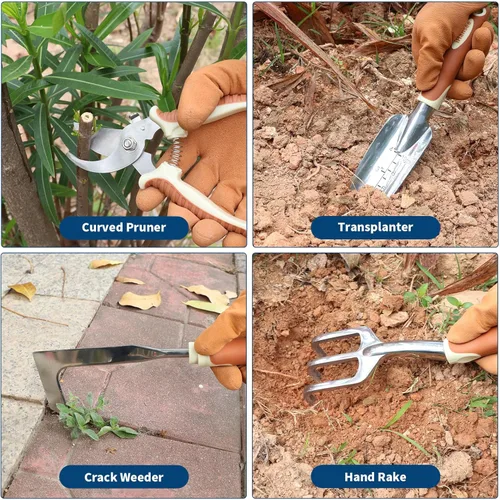 Miniatura 4 de Juego de herramientas de jardinería marrón de 12 piezas, kit de herramientas de mano de jardín con mango ergonómico antideslizante, bolsa