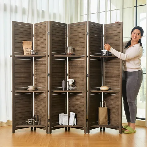 Miniatura 13 de Divisores de habitación, pantalla plegable de privacidad de madera de 67 x 51 pulgadas con tres estantes de exhibición, adecuado para oficina