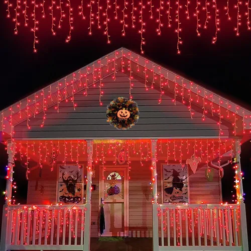 Miniatura 9 de QITONG - Tira de luces de carámbanos rojas y blancas para exteriores, 33 pies con 400 LED, 8 modos, alambre transparente, luces de Navidad
