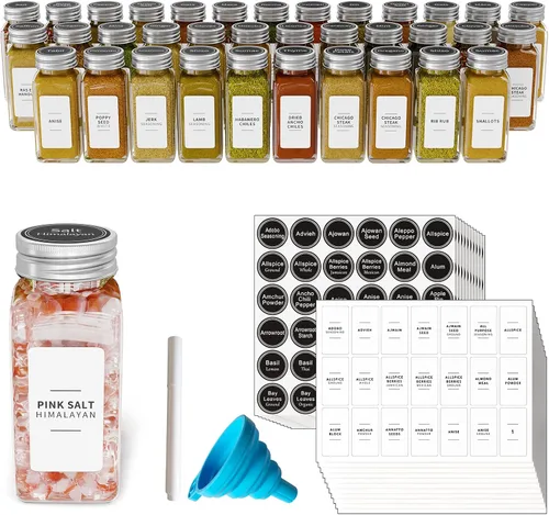 SpaceAid 36 tarros de especias con etiquetas, botellas vacías de vidrio de 4 onzas, etiquetas de especias minimalistas con embudo, recipientes de