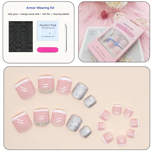 Miniatura 5 de Uñas postizas a presión con punta francesa blanca, uñas postizas cuadradas con diamantes de imitación, acrílico, rosa, polvo de purpurina, puntas