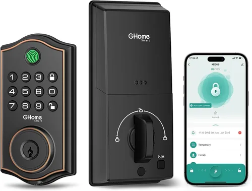 GHome Smart Cerrojo de Seguridad, Cerradura de Puerta sin Llave con Código de Huella Dactilar para Puerta Delantera, Bloqueo Automático, Control por