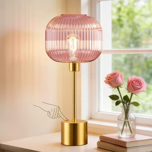 Miniatura 7 de QiMH - Lámpara de mesa de vidrio para sala de estar, lámpara de mesita moderna con pantalla de vidrio acanalada verde, lámpara de mesita de noche