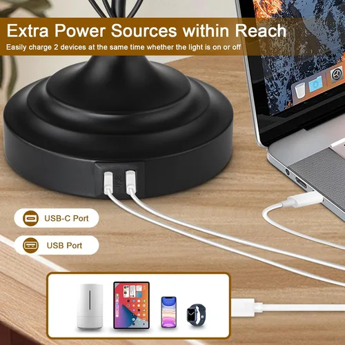 Miniatura 2 de Sheetea Juego de 2 lámparas de mesa estilo granja de 24.5 pulgadas, lámparas rústicas para dormitorio con 2 puertos de carga USB, pantalla de tela