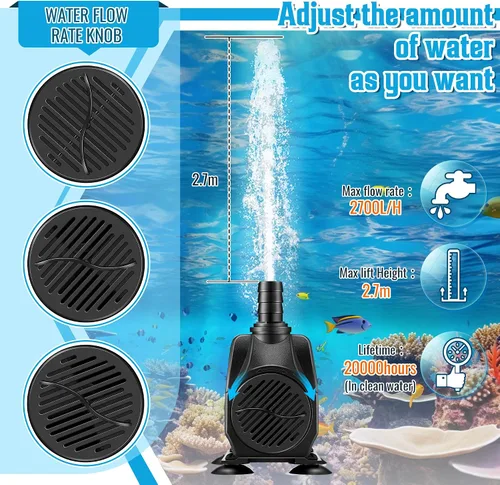 Miniatura 3 de Bomba de agua sumergible de 45 W 2700 l/h para fuente con luz, elevación de 8.86 pies, bomba de fuente ultra silenciosa con 3 boquillas