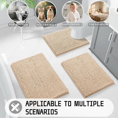 Miniatura 8 de Yimobra Tapetes de baño lavables, de chenilla súper suave y absorbente, para suelo y alfombra, de secado rápido, antideslizante, para bañera y Beige