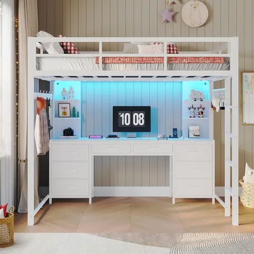 Miniatura 6 de ADORNEVE Cama tipo loft de tamaño completo con escritorio y 8 cajones de almacenamiento, camas loft de metal completas con luces LED y estación