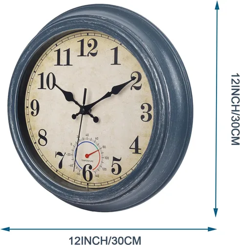 Miniatura 2 de Relojes para exteriores impermeables con termómetro, reloj de pared costero rústico para patio, piscina, jardín (12 pulgadas, azul)