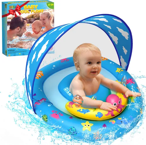 Flotador de piscina para bebé con dosel – Flotador inflable de natación para bebés con protección solar UPF50+, flotador de piscina infantil con