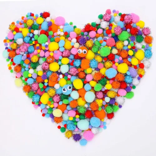 Caydo 1200 pompones para suministros de manualidades, 1050 pompones grandes y pequeños de colores surtidos con 150 ojos saltones Multicolor