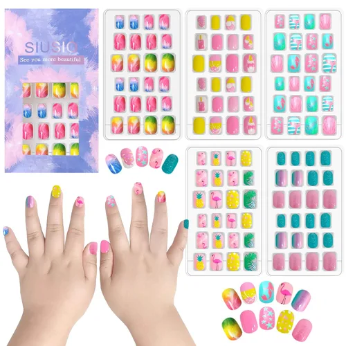 Miniatura 9 de 120 unidades de 5 uñas postizas acrílicas a presión para niños, lindo prepegamento de cubierta completa con purpurina, color degradado, arcoíris