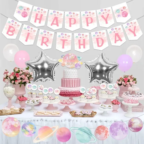 Miniatura 2 de Decoraciones de cumpleaños de primer viaje alrededor del sol, pancarta rosa para silla alta y decoración de pasteles, guirnalda de feliz cumpleaños
