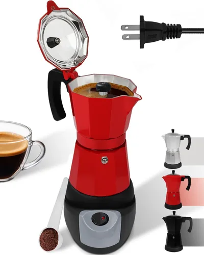 Miniatura 10 de Olla eléctrica Moka con base desmontable, cafetera de aluminio de 10 onzas, 6 tazas, 10.1 fl oz, cafetera italiana negra para cocina y hogar, 110 V
