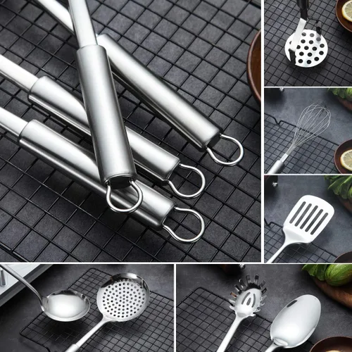 Miniatura 4 de Berglander Juego de utensilios de cocina de acero inoxidable de 13 piezas con soporte, incluye cuchara de cocina, espátula, batidor, pinza de B. 13