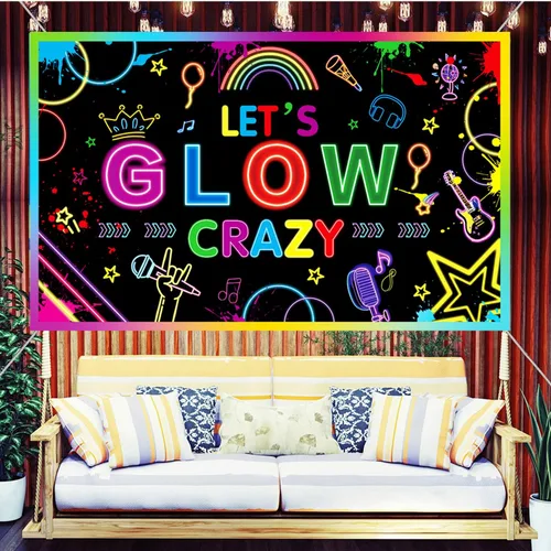 Miniatura 2 de Let's Glow Crazy Backdrop, cartel de cumpleaños con temática de neón de 70.8 x 43.3 pulgadas, decoraciones de fiesta, fondo de fotografía bailarina