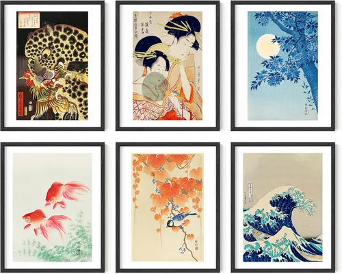 Miniatura 41 de HAUS AND HUES Impresiones de arte asiático, juego de 6 decoraciones japonesas contemporáneas de pared, pinturas de hokusai, carteles de ondas, Juego