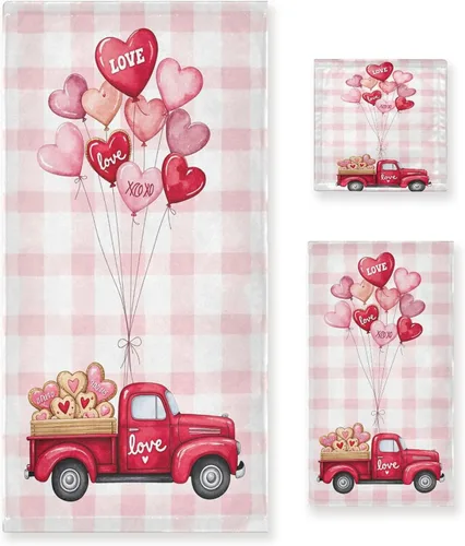 Juego de 3 toallas románticas a cuadros con diseño de corazón rosa con resorte de globo, toallas de baño suaves y absorbentes, toallas de mano,