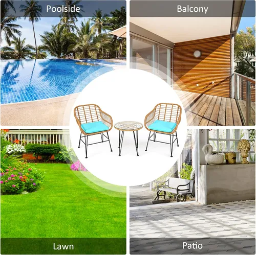 Miniatura 5 de KOTEK Juego de 3 piezas de patio bistró, juego de conversación de ratán para exteriores con mesa de centro de cristal y cojines de asiento, juego