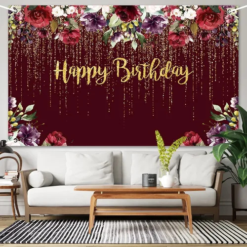 Miniatura 4 de AIBIIN Cartel de feliz cumpleaños, decoración de fiesta de cumpleaños de rosa roja para mujer, con purpurina dorada floral, suministros de fiesta