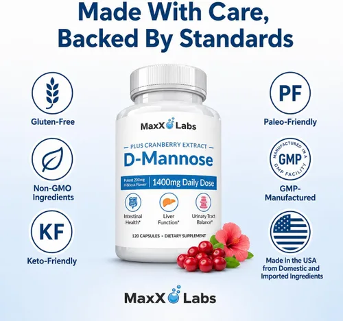 Miniatura 6 de Cápsulas de D-Manosa MaxX Labs - Cápsula de D-Manosa Extra Fuerte de Acción Rápida de 1400 MG para la Salud de la Vejiga con Potente Extracto