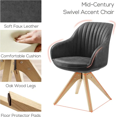 Miniatura 3 de Art Leon Silla de oficina sin ruedas, silla de escritorio moderna de mediados de siglo, silla giratoria con patas de madera de roble, sillón