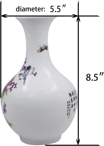 Miniatura 5 de Dahlia Famille - Florero de rosa, hecho a mano, porcelana china, pájaros en peonía, forma de botella china de 8.5 pulgadas
