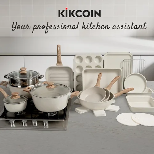 Miniatura 7 de Kikcoin Juego de Ollas y Sartenes Antiadherentes de 31 Piezas para Cocina, Incluye Sartén para Asar, Cacerola, Bandeja para Hornear y Utensilios
