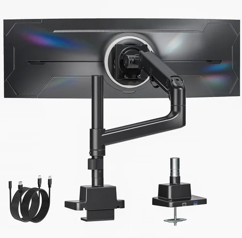 Miniatura 10 de monTEK Brazo para monitor ultra ancho de 17-57 pulgadas para pantallas de hasta 59.4 libras, soporte ajustable de pantalla curva única de aluminio