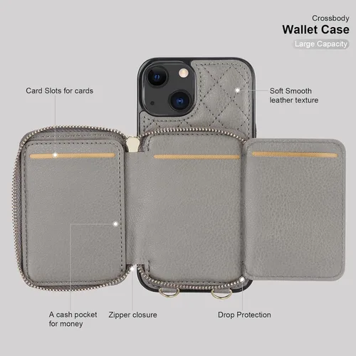 Miniatura 7 de Bocasal Funda tipo cartera con bandolera para iPhone 13, de cuero PU con bloqueo RFID, con cierre de cremallera, cartera tipo bolso con función Gris