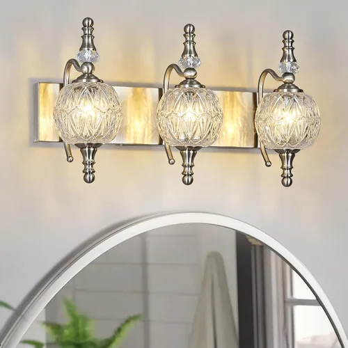 Luces Modernas de Tocador de Baño de Cristal Accesorios Sobre Espejo Níquel Cepillado Vintage 3 Luces 20 Pulgadas Accesorios de Luces de Baño Vidrio