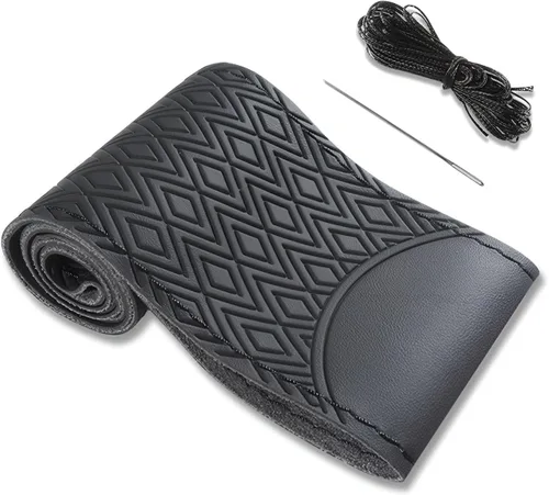 Funda de volante de cuero negro, envoltura con costura, funda de volante de vaca transpirable para coche, tamaño estándar de 15 pulgadas (Tipo A)