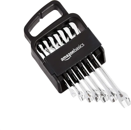 Amazon Basics Juego de llaves combinadas de trinquete, métricas, 7 piezas Cromo