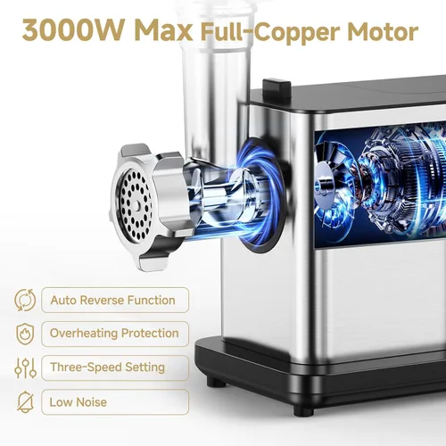 Miniatura 4 de AAOBOSI Picadora de carne eléctrica de 3000 W máx. con pantalla táctil a color, inversión automática y almacenamiento integrado, 3 ajustes