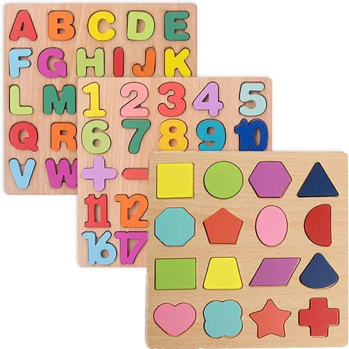 Rompecabezas de madera para niños pequeños, paquete de 3 rompecabezas con forma del alfabeto para niños de 3 años Montessori de madera para niños y