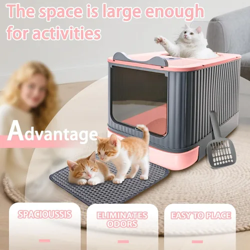 Miniatura 4 de Caja de arena para gatos con tapete de arena, caja de arena grande de 17"x14"x13" para gatos grandes, cajas de arena cerradas extraíbles, caja